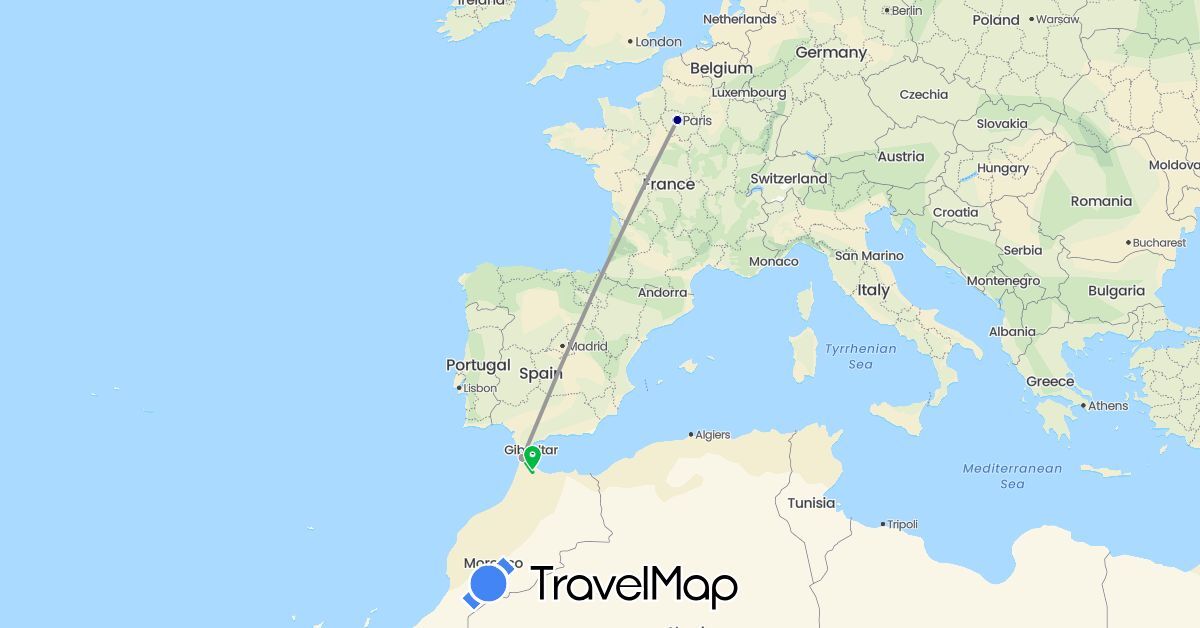 TravelMap itinerary: driving, bus, plane in France, Morocco (Africa, Europe)